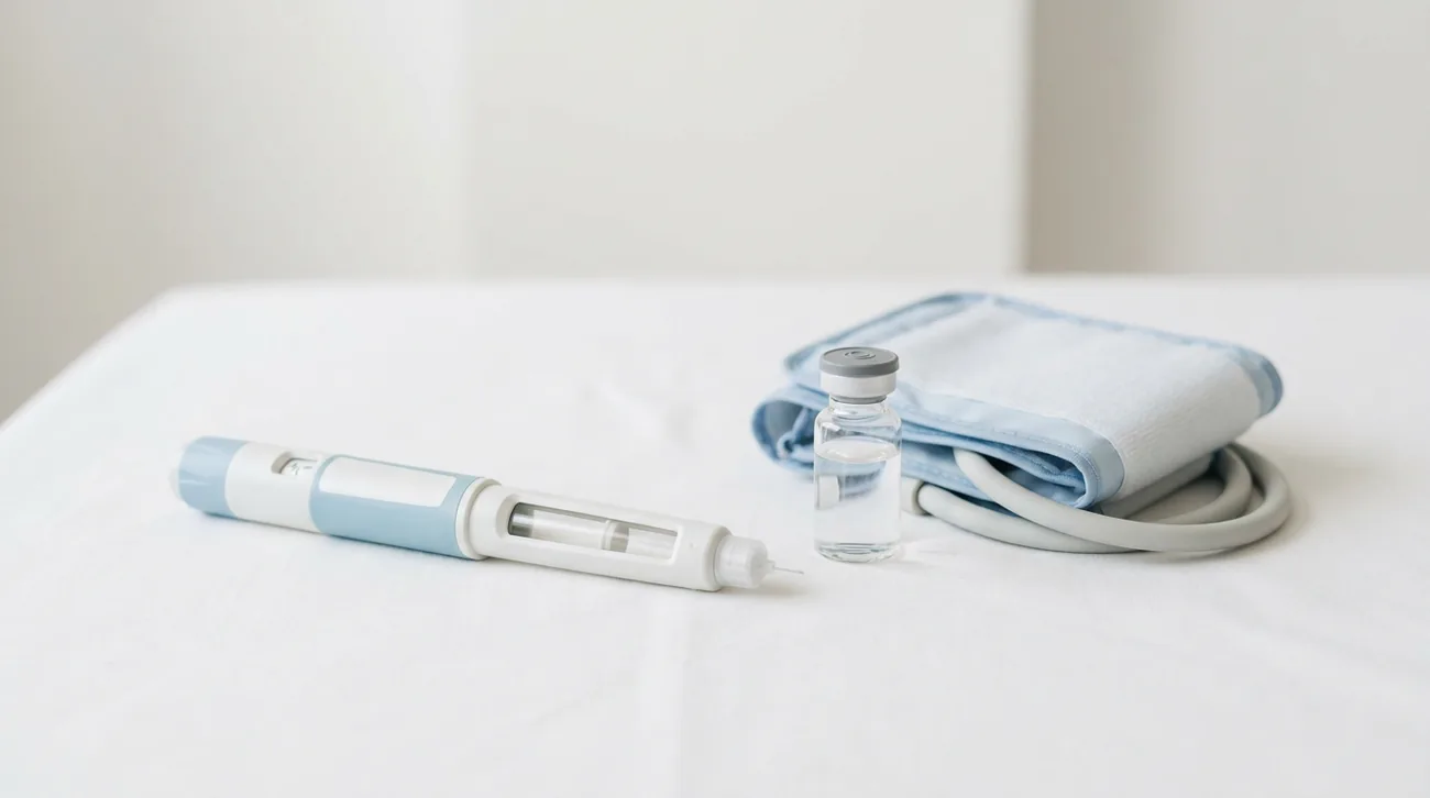 A weight-management injection pen, medication vial and blood pressure cuff arranged on a white surface