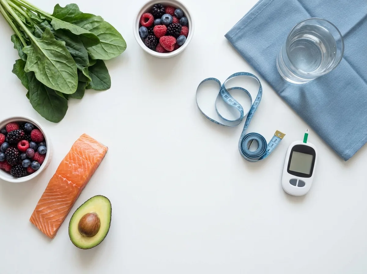 Whole foods, a measuring tape, water and a blood glucose meter laid out on a white surface